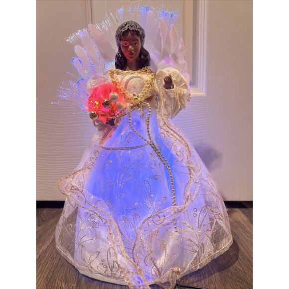 Fiber Optic CHRISTMAS African American 12” Ceramic Angel Tree Topper Plug In - Picture 2 of 10